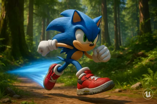 El símbolo de los videojuegos, Sonic, corre por el sendero en el bosque
