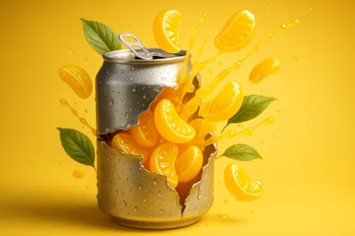 Lata con gajos de limón y gotas sobre un brillante fondo amarillo
