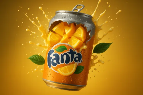 Opened Fanta can with orange slices and splashing juice