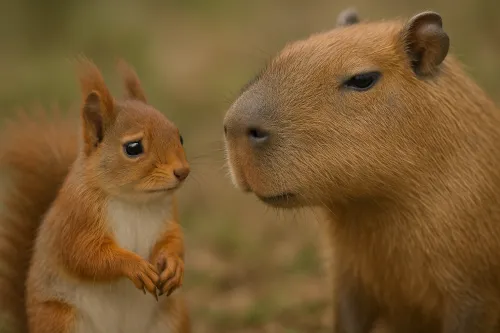 La ardilla y el capibara interactúan en la naturaleza, mirándose a los ojos.