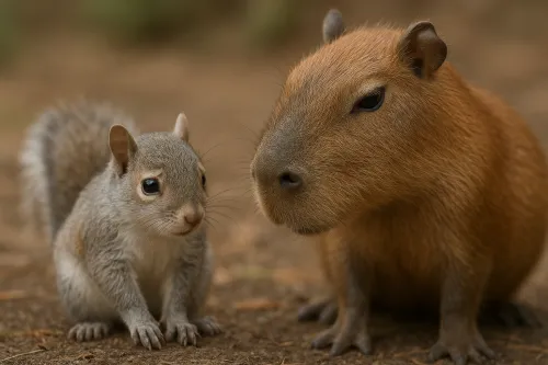 Ardilla gris y capibara en su hábitat natural sobre un fondo terroso