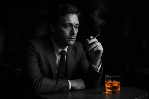 Hombre en traje sentado con un cigarrillo y un vaso de whisky