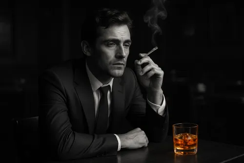 Imagen en blanco y negro de un hombre en traje de oficina con un vaso de bebida