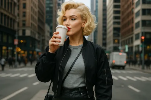 Stylish woman drinking coffee against a backdrop of urban architecture