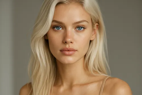 Photo of a beautiful young woman with blue eyes and blonde hair against a neutral background