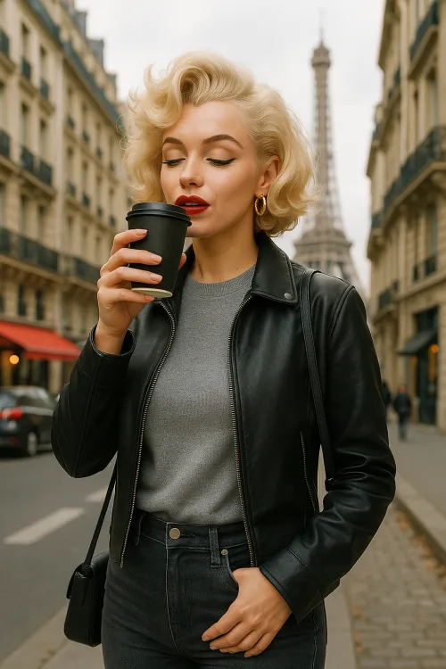 Elegant woman enjoying coffee on the streets of Paris with the Eiffel Tower behind her