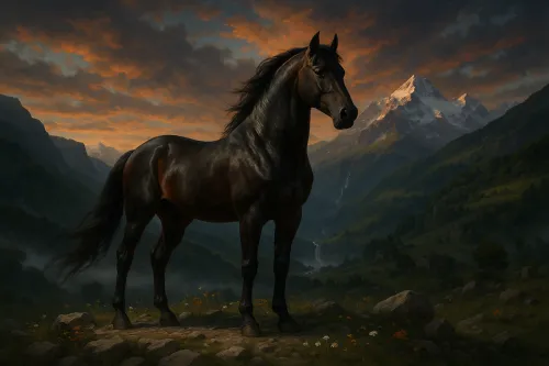 Caballo con pelaje brillante frente a montañas y un atardecer