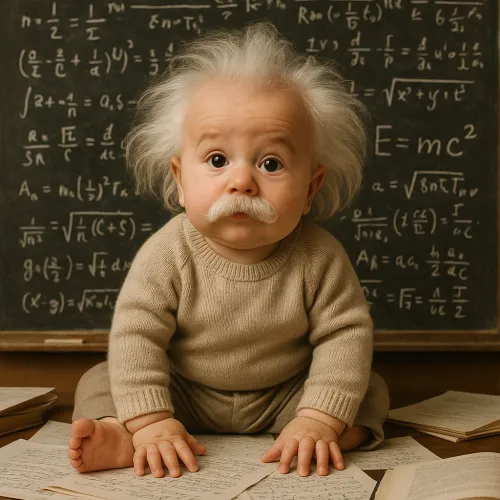 Cub with white hair and mustache surrounded by books and mathematics