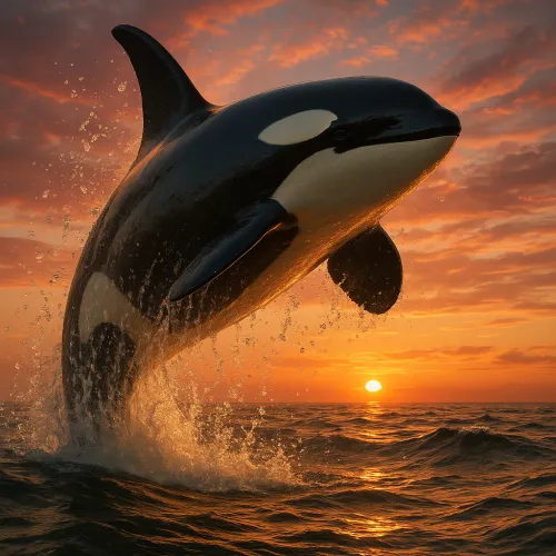 Close-up of an orca jumping out of the water against the sunset