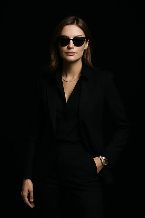 Mujer en un estricto saco negro y gafas de sol sobre un fondo negro