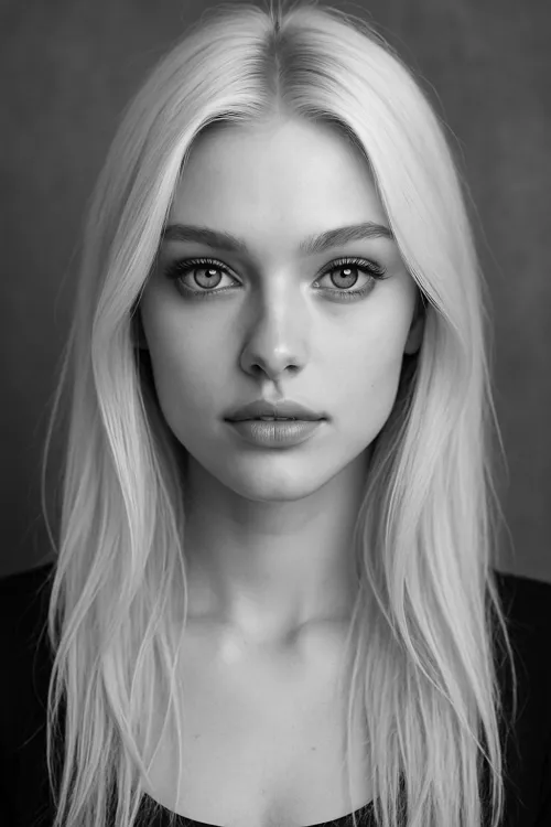 Black and white photo of a young girl with long blonde hair and expressive eyes