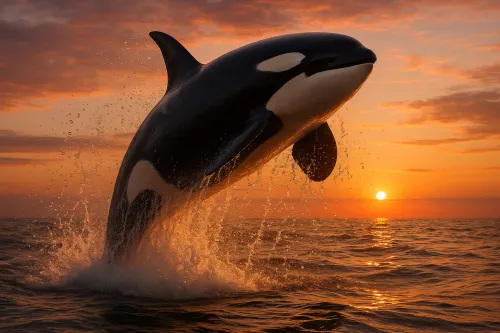 Orca en salto contra el brillante atardecer sobre el océano
