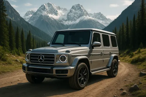 Mercedes-Benz G-Class plateado en una carretera sinuosa entre montañas y bosques