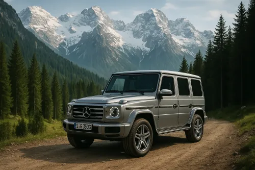 Серебристый Mercedes G-класса на фоне гор и леса