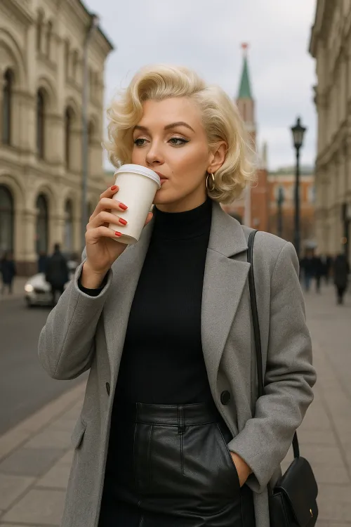Stylish blonde in a gray coat drinking coffee on the street