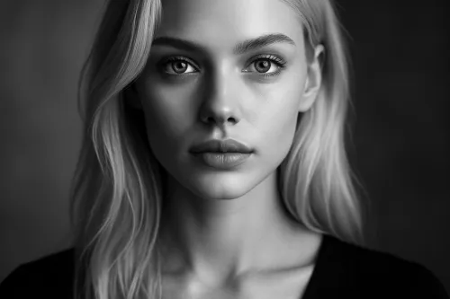 Black and white portrait of a young woman with smooth skin and a stylish hairstyle