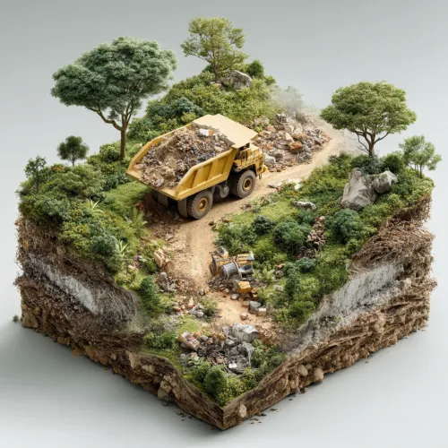 Miniatura que muestra el funcionamiento de un camión de basura en la recolección de residuos en el bosque