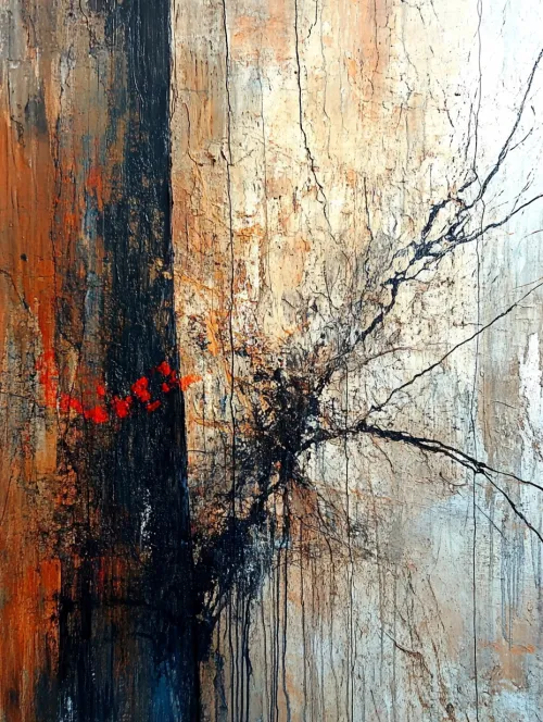 A textured abstract artwork representing natural elements and colors