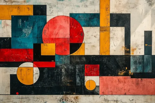 An abstract artwork featuring geometric forms in various colors and arrangements.