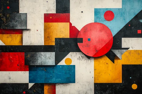 An abstract artwork featuring geometric shapes in various colors and textures
