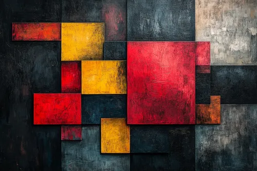 Obra de arte abstracto contemporáneo con cuadrados rojos y amarillos