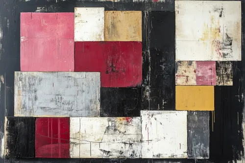 Lienzo abstracto colorido con combinaciones de figuras geométricas sobre un fondo negro
