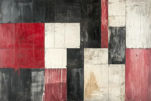 Composición de figuras geométricas utilizando colores rojo, negro y blanco