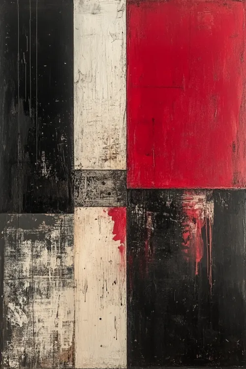 Cuadro abstracto con rectángulos negros, blancos y rojos