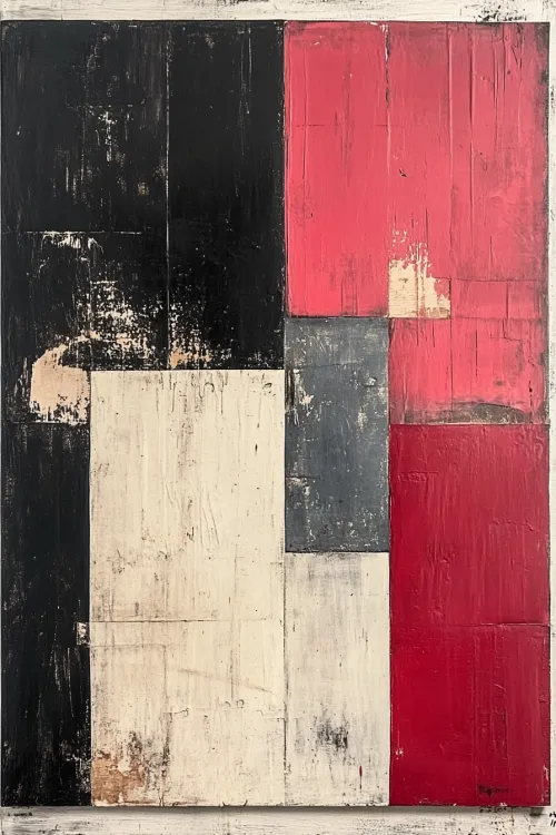 Pintura abstracta con elementos negros, blancos y rojos sobre un fondo texturizado