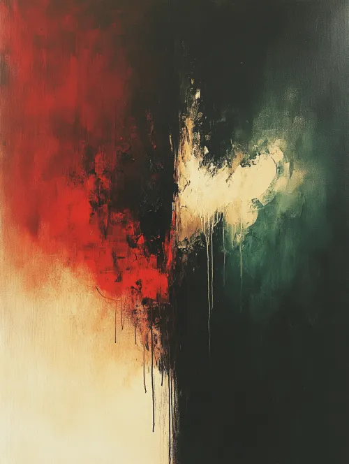 Cuadro abstracto con tonos contrastantes de rojo y verde
