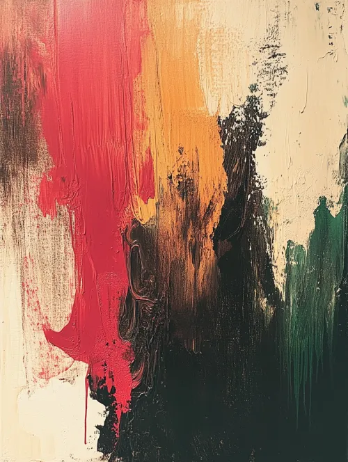 Obra de arte abstracto utilizando colores rojo, negro y verde