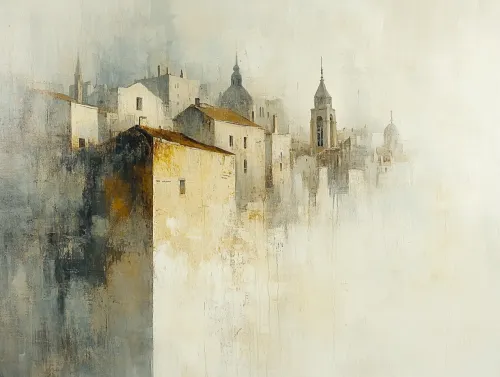 Paisaje urbano brumoso con arquitectura histórica de fondo