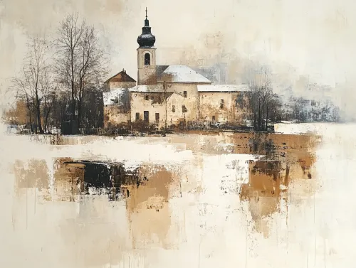 Pueblo nevado en invierno con iglesia y árboles desnudos