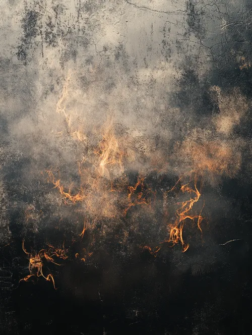 A swirling dark background featuring subtle flames and textured surfaces
