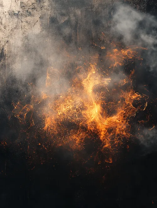 Llamas brillantes y nubes de humo sobre una textura negra