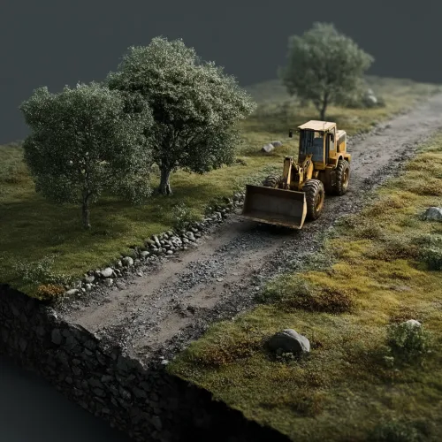 El bulldozer avanza por un camino rural rocoso con árboles verdes