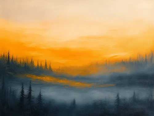 Paisaje de cuento con un atardecer naranja y sombras de árboles