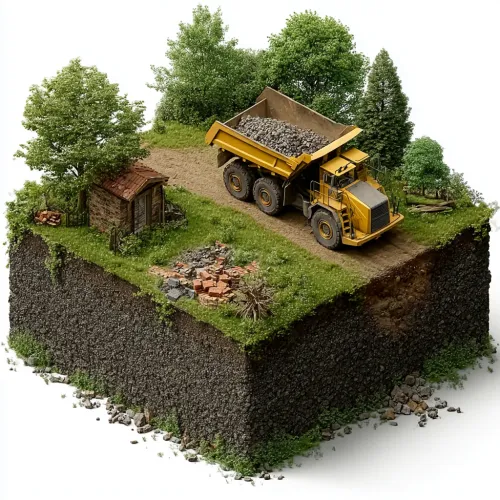 Volquete de orugas con piedras en el sitio de construcción entre árboles