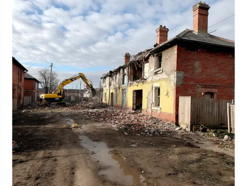Excavadora demolida parte de edificios antiguos en la calle