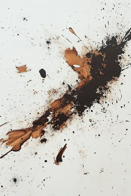 Obra de arte abstracta con manchas negras y marrones sobre fondo blanco