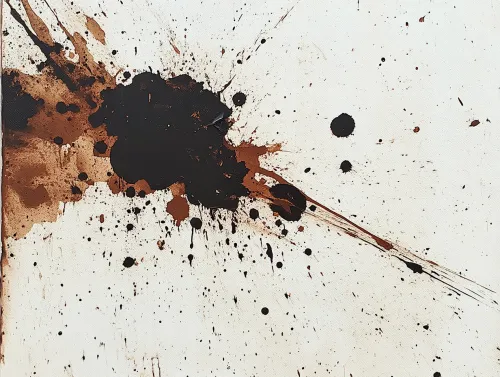 Obra de arte abstracto creativo con manchas negras y marrones sobre un fondo blanco