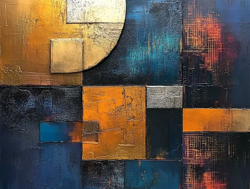 Cuadro abstracto contemporáneo con elementos dorados y azules