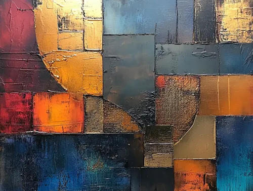 Cuadro abstracto con texturas superpuestas y colores brillantes