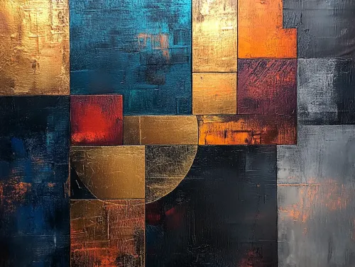 Pintura en estilo abstracto con figuras geométricas y tonos saturados