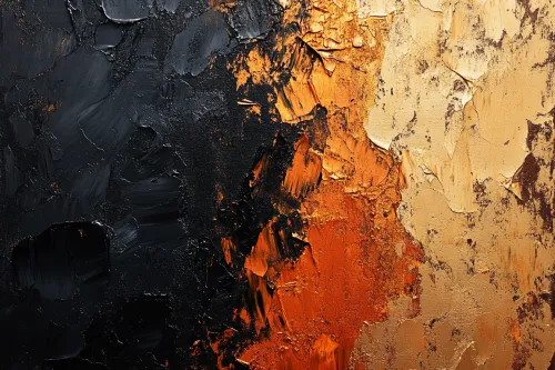 Primer plano de una pintura abstracta al óleo con tonos negros, naranjas y dorados