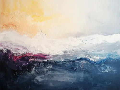 An abstract painting depicting waves in various shades of blue, purple, and white against a soft yellow background.