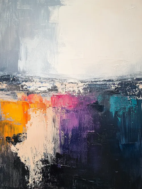 Imagen de una pintura abstracta con tonos vibrantes y diversas texturas