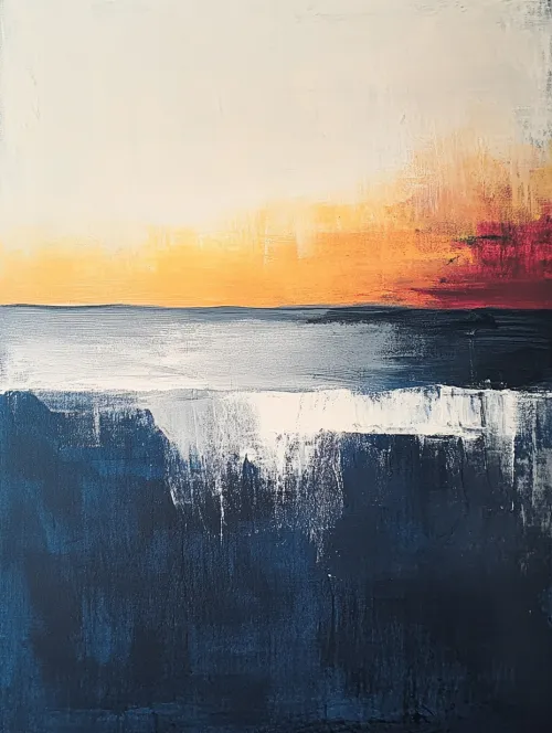 Cuadro con una representación abstracta del mar y el atardecer.