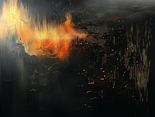 Lienzo realizado en estilo abstracto con colores brillantes de fuego sobre un fondo negro