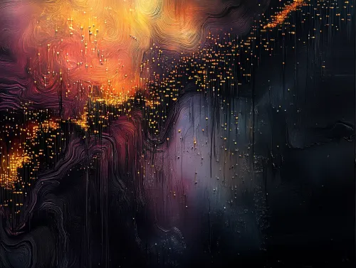 Abstracción moderna con colores ardientes sobre fondo oscuro